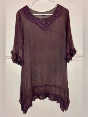 Boho Crochet-Trim Tunic Top - Dark Grey